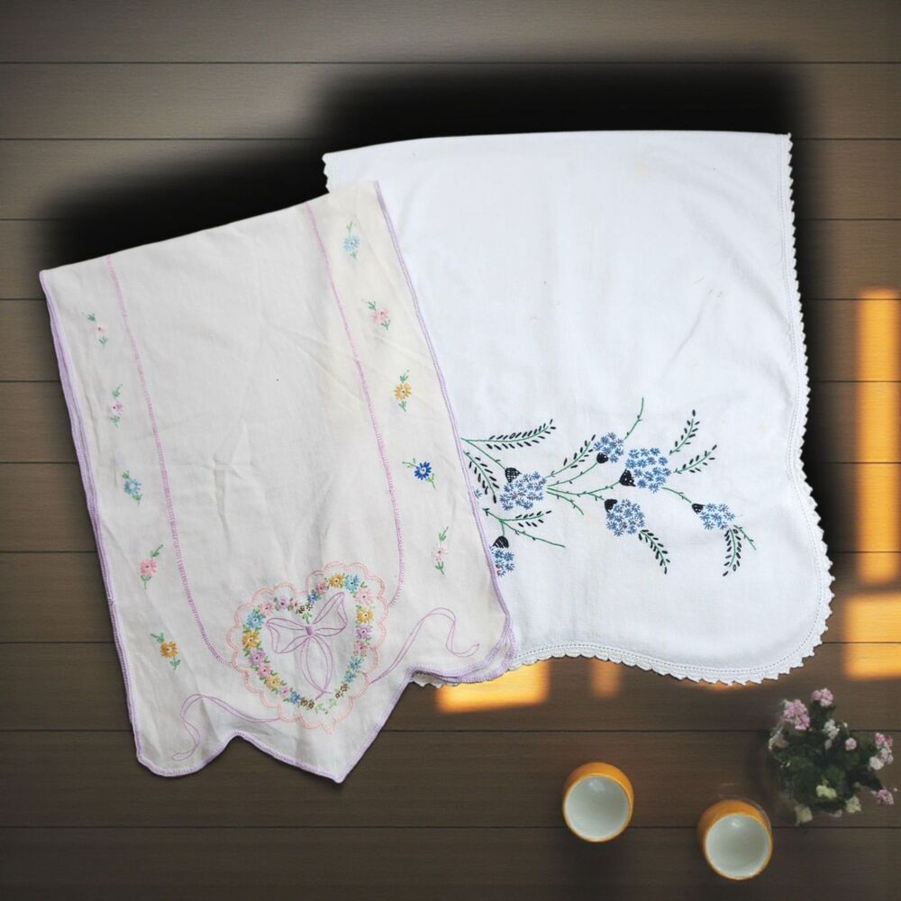 Pair Vintage Hand Embroidered Linen Runners Floral Heart & Blue Sprays 38"
